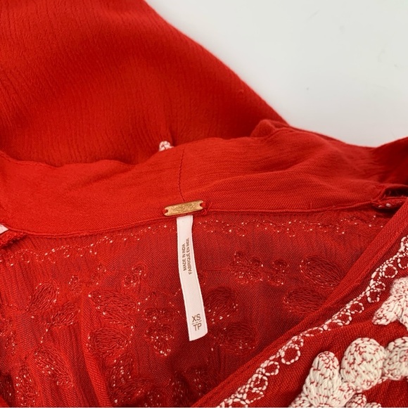 Free People Fable midi boho dress red embroidery gauze long Rock Roll maxi XS - Picture 5 of 5